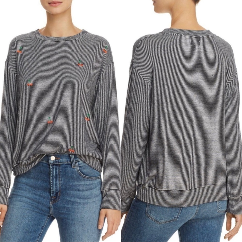 Sundry Striped Cherry Embroidered Long Sleeve Top Navy White Size 1 S